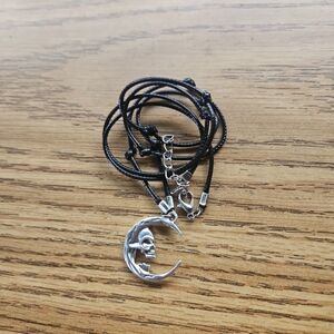 Silver Skull Crescent Moon Necklace